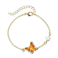 Fashion Link Bracelet with Oil Painted Butterfly Charm Bangles Imitation Pearl Wedding Bridal Bracelets Birthday Jewelry Gift